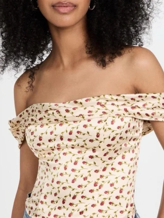 Reformation Lux Silk Off Shoulder Corset Top in Rose Print - 0